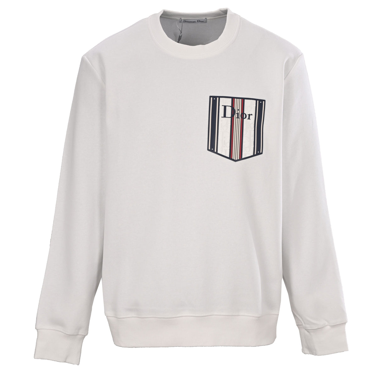 Christian Dior Monogram Stripe Crew Neck Sweatshirt with Faux Pocket Detail