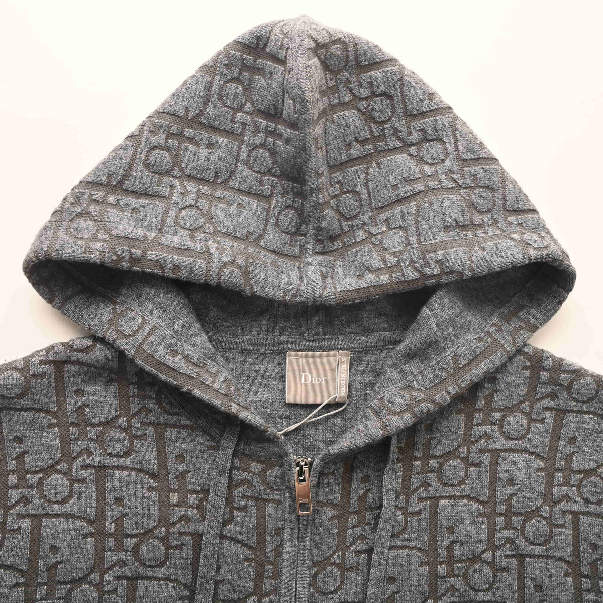 Christian Dior Hooded Zip-Up Knit Jacket with All-Over Jacquard Pattern, Casual Layering Knitwear