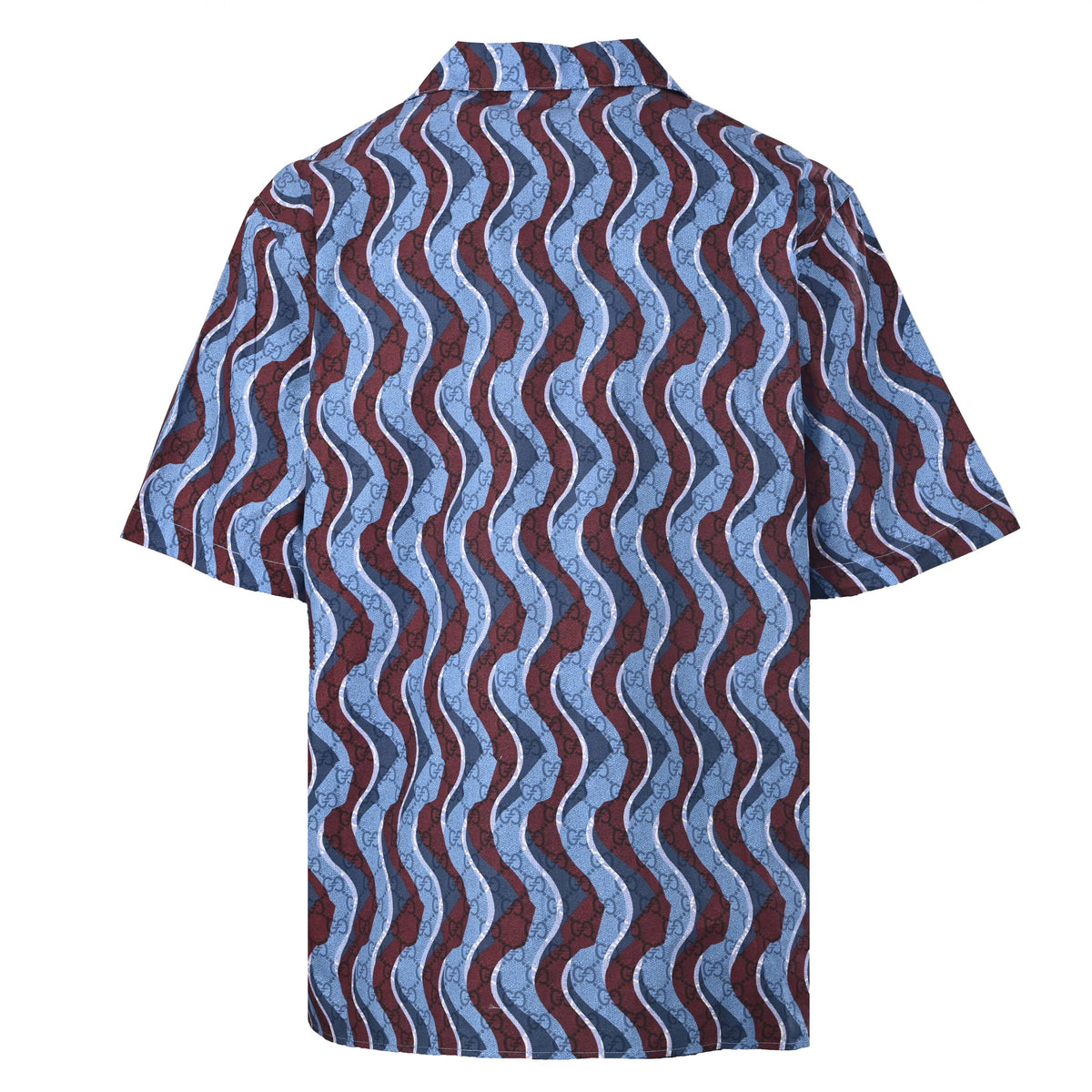 Gucci Blue GG Wave Stripe Short-Sleeve Camp Collar Shirt